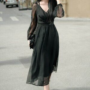 Elegant Black Sheer Sleeve Midi Dress – Sixdo (Rare Vietnamese Designer)